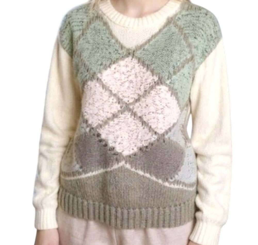Y2K Argyle Sweater Sz M Pink Pastel Textured Pullover Cottage Grannycore Vintage